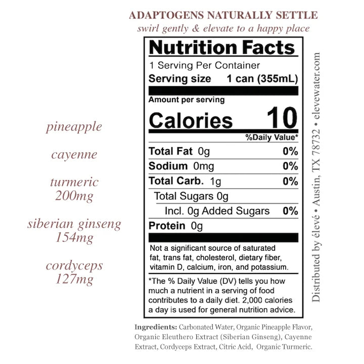 eleve fire adaptogen infused sparkling water, functional beverage low in calories, vegan, organic, nothing artificial